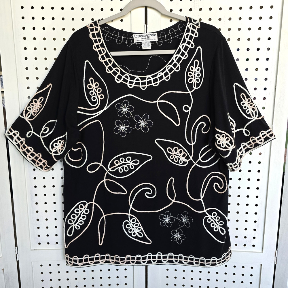 Lauren Michelle Black Stretch Knit Embroidered Embellished Top Womens SIZE 1X
